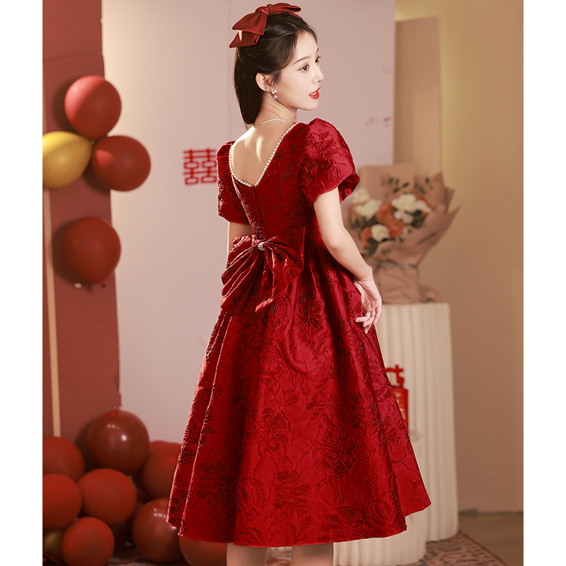 Burgundy Maternity Toast Dress, Bridal Gown, Women's Engagement Dress, Summer High-End Plus Size Belly-Covering French Style