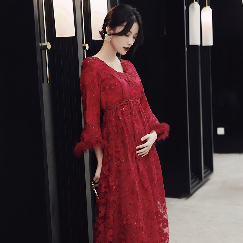 Pregnant woman toast dress bride wine red long sleeve summer large size fat mm wine red dress women thicken warm summer clothes