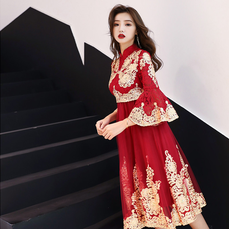 Pregnant women cover pregnant belly Bride toast dress 2021 red wedding dress female large size fat mm thin usually can be worn