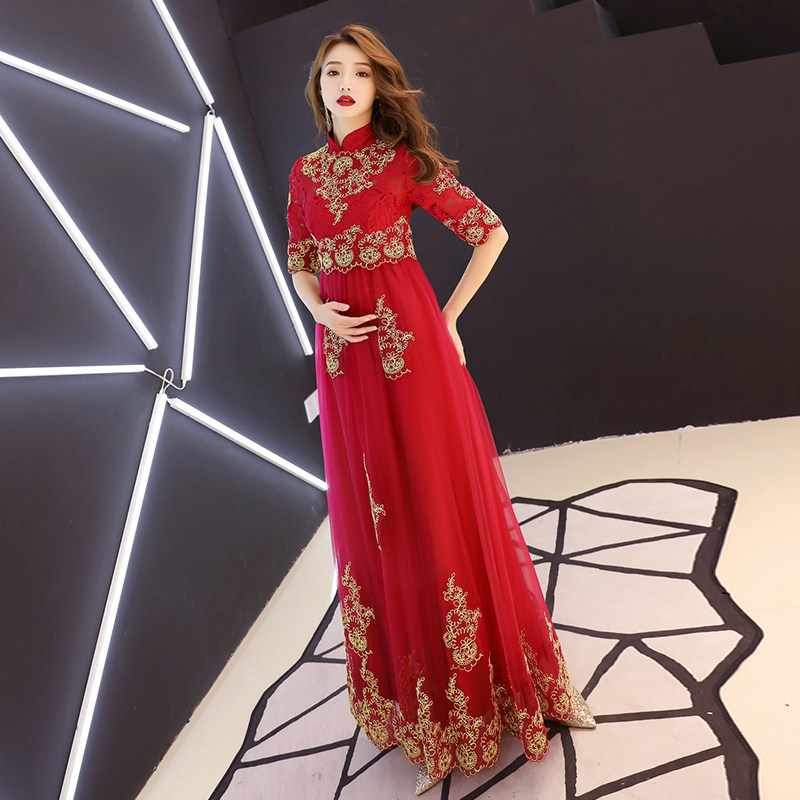 Big size bridal toast dress Pregnant woman cover pregnant belly Red wedding evening dress long version fat mm