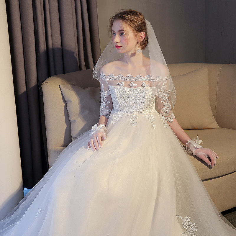 Pregnant woman high waist cover pregnancy belly wedding dress 2021 new bride white word shoulder Qi large size fat mm thin dress