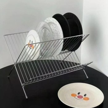 X型可折叠沥水碗架双层厨房沥水架台面式带接水盘厨房碗碟收纳架