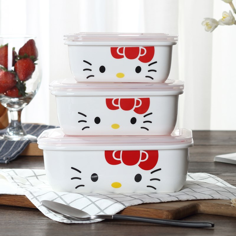 Ceramic lunch box microwave oven student lunch box sealed bowl fresh bowl with lid three-piece rectangular refrigerator special