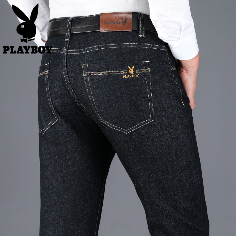 Playboy young and middle-aged men's jeans loose straight business casual spring and autumn large size elastic long pants