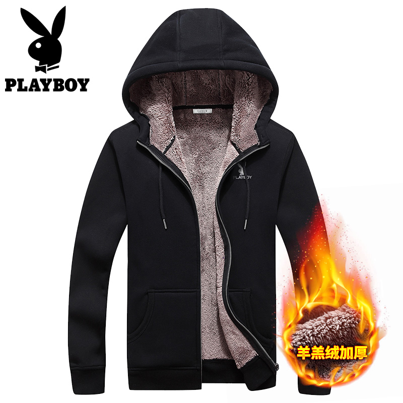 Playboy autumn and winter jacket men's fleece thickening trend hooded men's cardigan sweater lambswool men's tops