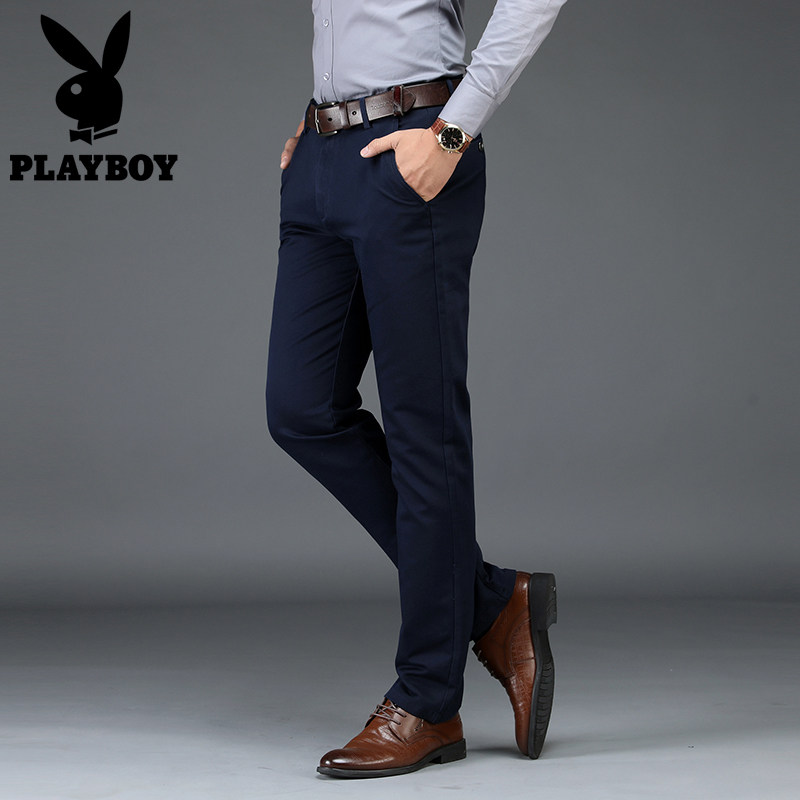 Flowers Playboy Men Casual Pants Spring Loose Straight Drum Deep Blue Middle-aged West Pants Dads Dads Business Long Pants Man-Taobao