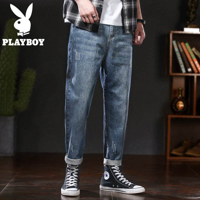 Floral Playboy jeans Men's straight cylinder loose men's old daddy pants Chaoty pants male Harun pants 90% pants-Taobao