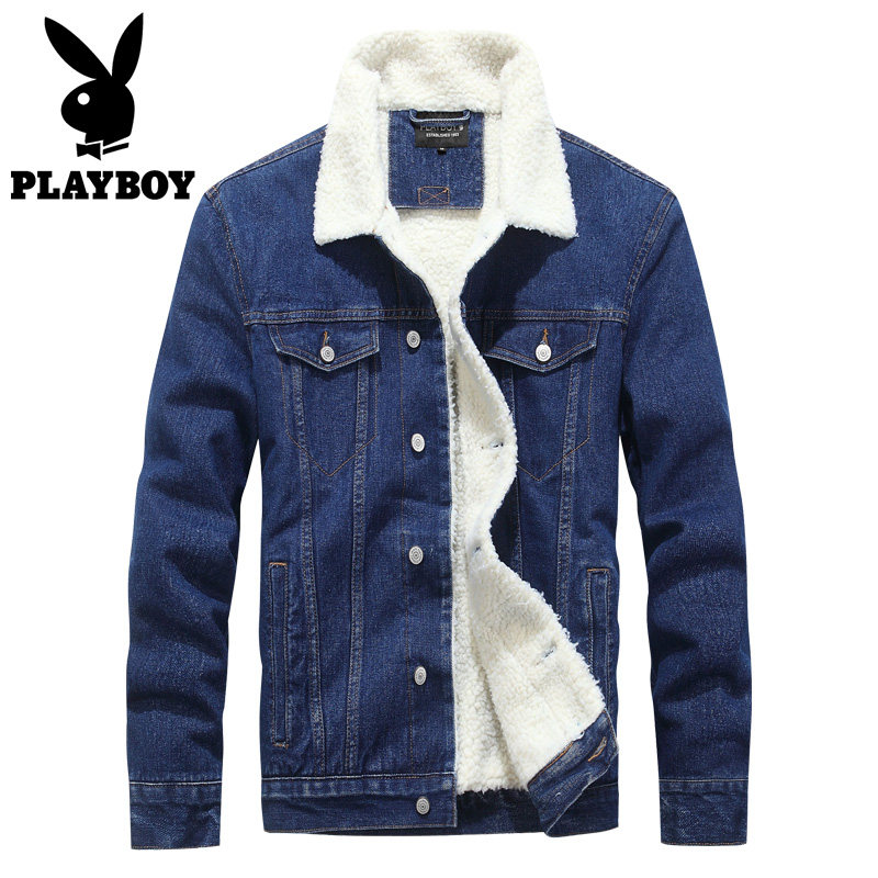 (Special Clearance) Playboy Denim Jacket Men's Autumn and Winter Korean Style Trend Loose Velvet Jacket Men