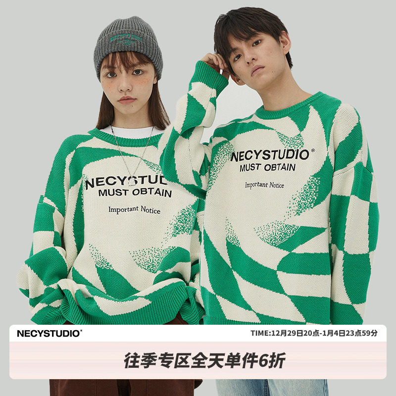 NECY whirlpool white and green twisted checkerboard plaid pullover sweater female couple trend casual lazy wind top winter