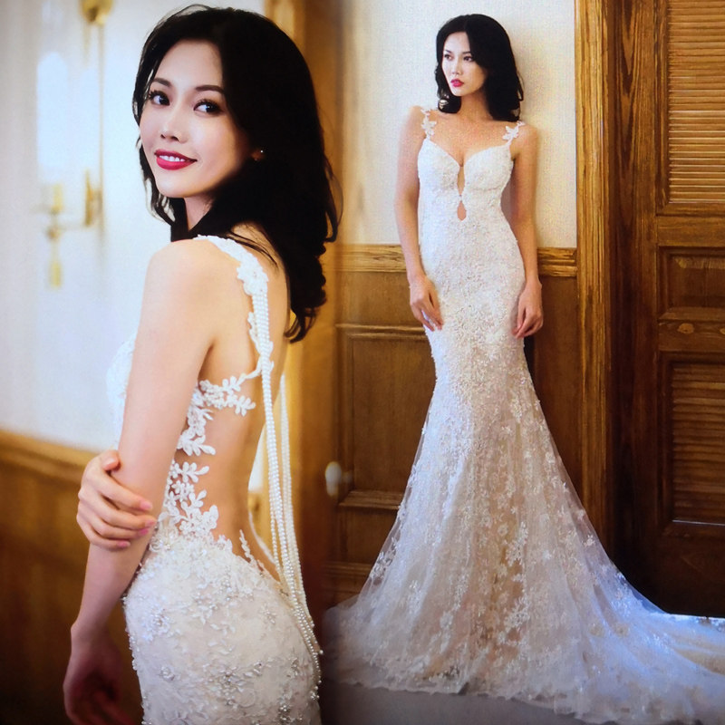 Fish tail wedding dress 2021 New tailing lace slim luxury suspender line backless bride shoulder main wedding dress
