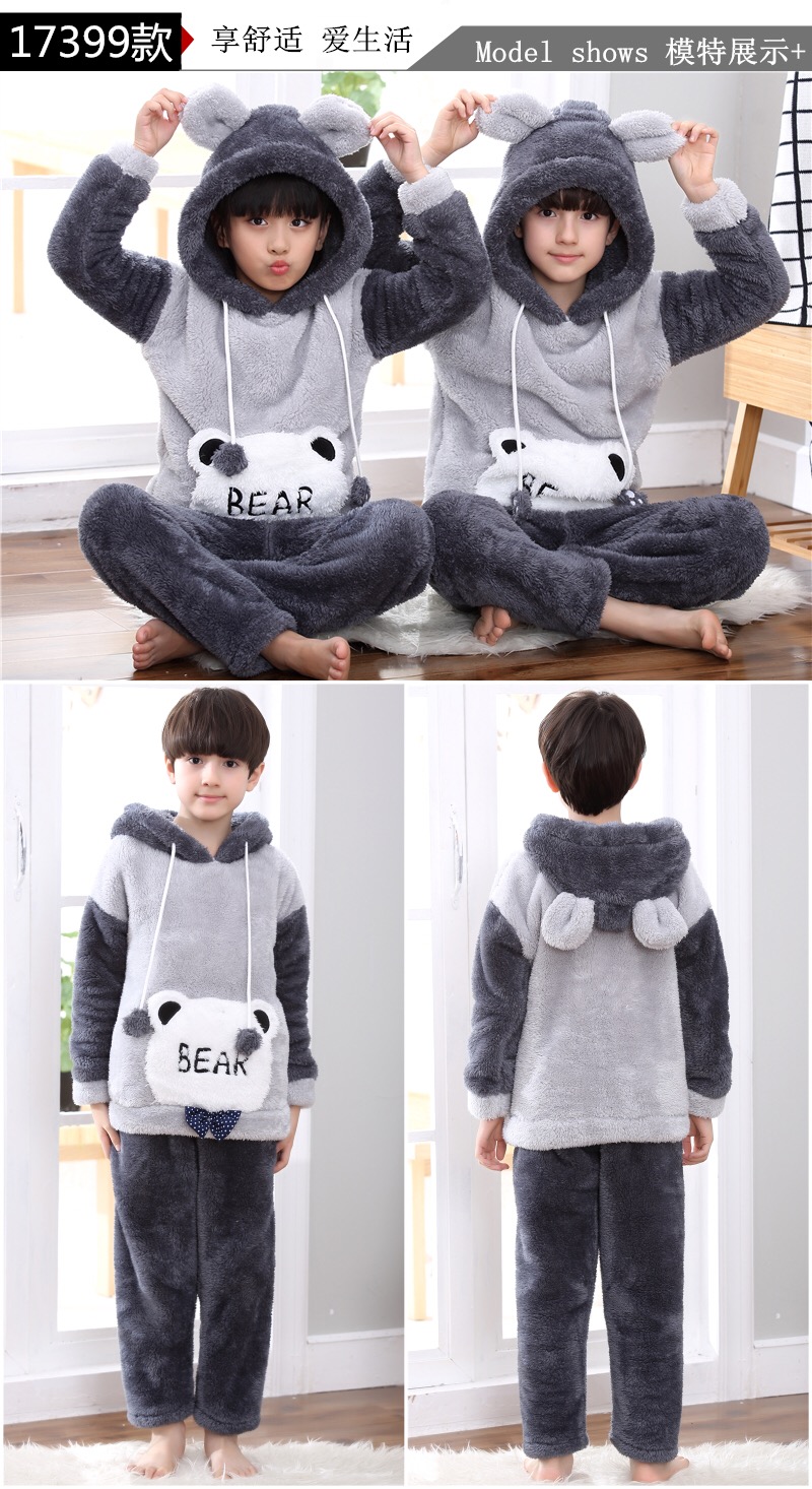 Đồ ngủ trẻ em dày flannel bé trai và bé gái 3 bé gái dày mùa đông trong bé trai lớn 12 tuổi 15 xuân và thu đồ ngủ họa tiết phim hoạt hình