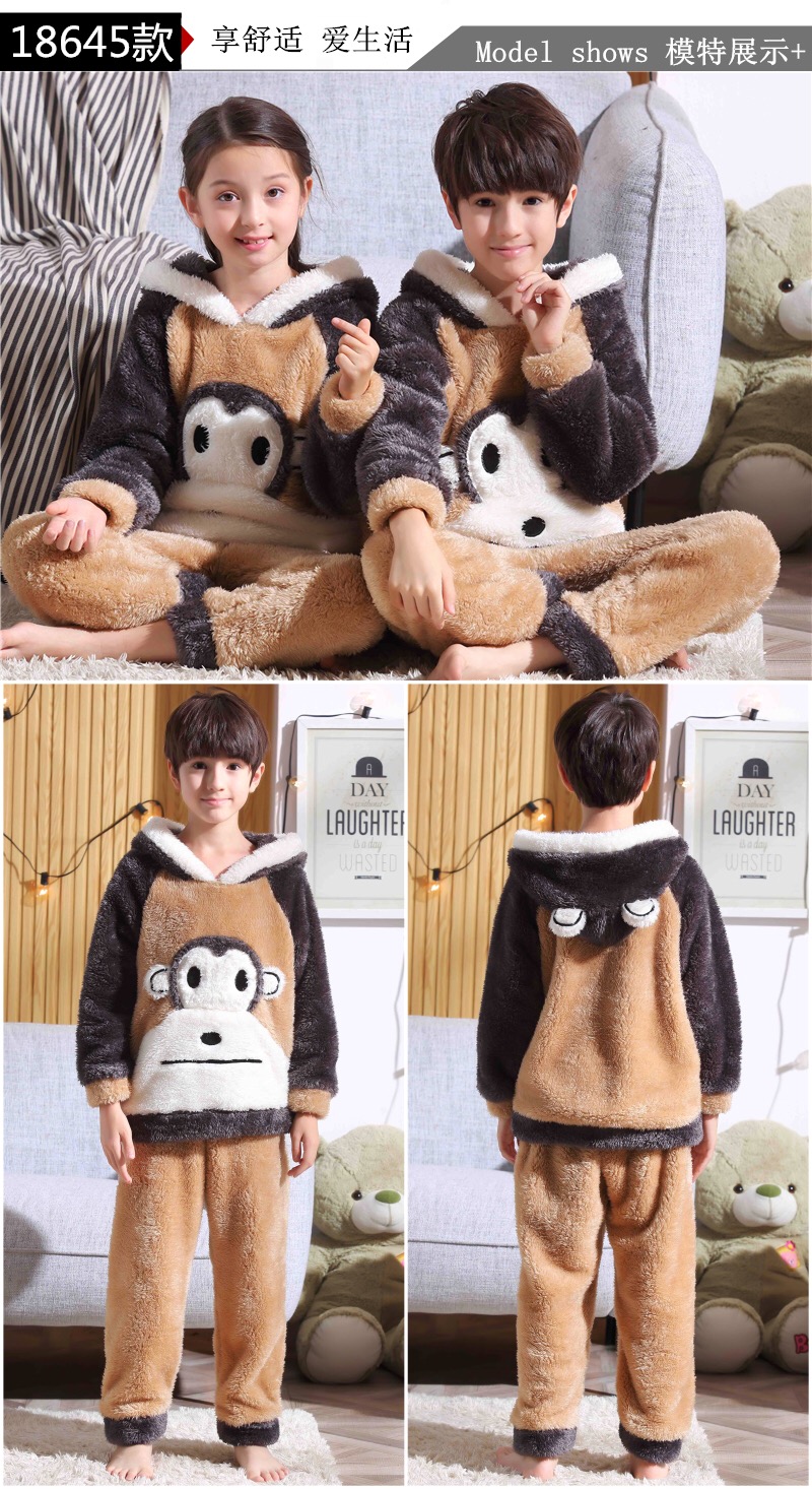 Đồ ngủ trẻ em dày flannel bé trai và bé gái 3 bé gái dày mùa đông trong bé trai lớn 12 tuổi 15 xuân và thu đồ ngủ họa tiết phim hoạt hình