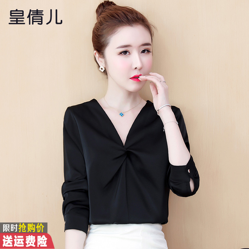 Satin shirt women's design sense niche autumn wear 2022 new trend line fashion V-neck temperament all-match shirt