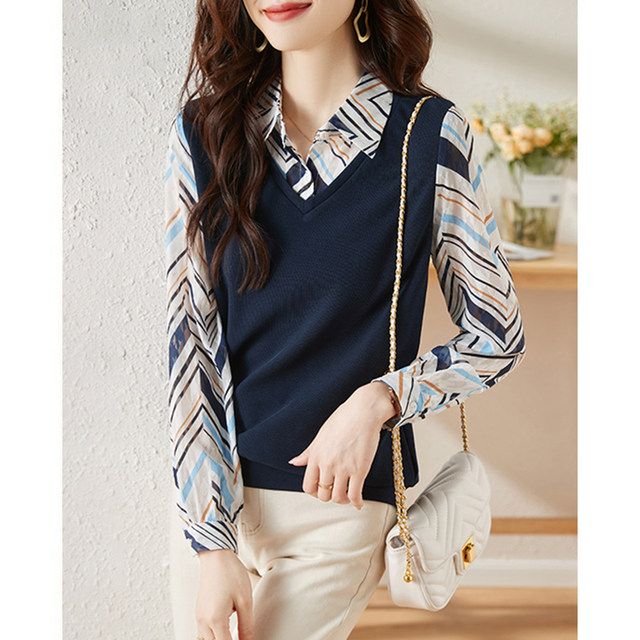 Fake two-piece stitching long-sleeved shirt women's autumn 2022 new chic French design print retro shirt