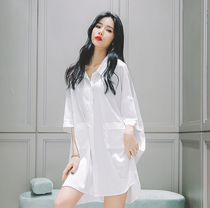 Sleeping dress Women 2022 Summer ice silk slim fit loose sexy long style shirt white minimalist casual home dress