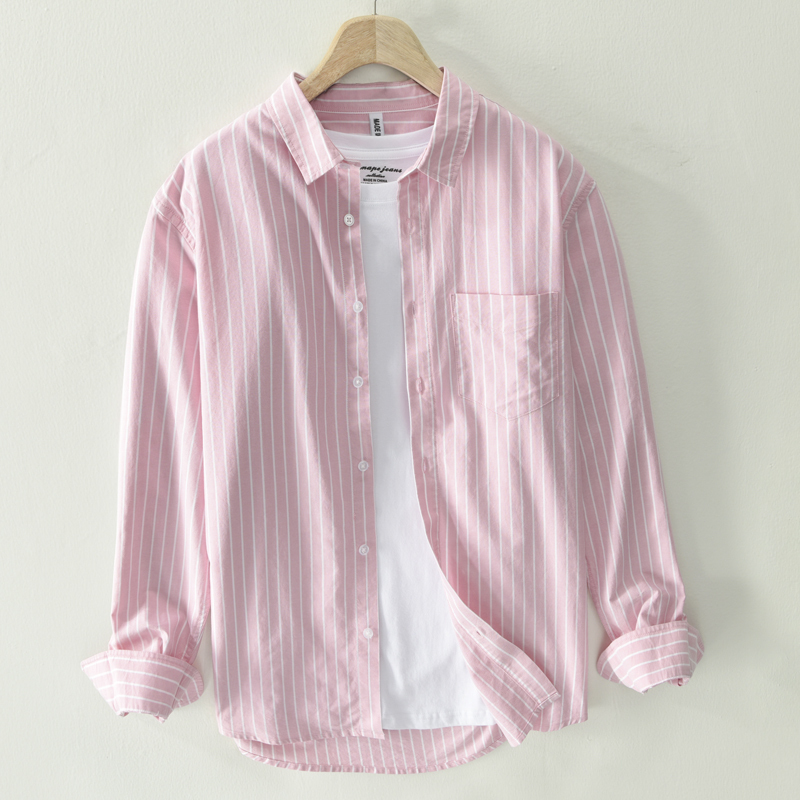 Fresh and Simple Pink Striped Long-Sleeve Shirt for Men, Suitable for Spring and Autumn, Artistic and Casual, Can Be Worn as an Inner Layer or Outerwear, Made of Pure Cotton Oxford Fabric, Trendy
