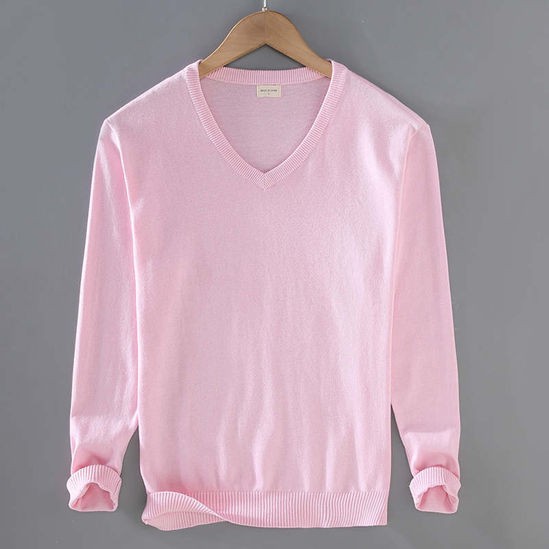 Men's Pink V-Neck Sweater Knit Top for Autumn and Winter, Anti-Pilling, Pure Cotton, Can Be Worn as an Inner Layer or Outerwear