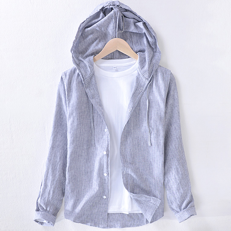 Spring and Summer Linen Shirts for Men, Long-Sleeved Casual Hooded Shirts, Men's Breathable Cotton and Linen Tops