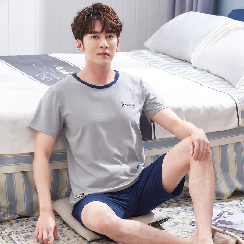 Summer mens đồ ngủ mỏng băng lụa ngắn tay quần short Mordale mens mùa hè bông mặc nhà bộ tăng kích thước.