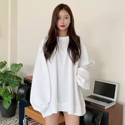 Sweater women's loose Korean version of the middle and long version of the 2021 new student top spring and autumn thin round neck thick cotton T lazy wind