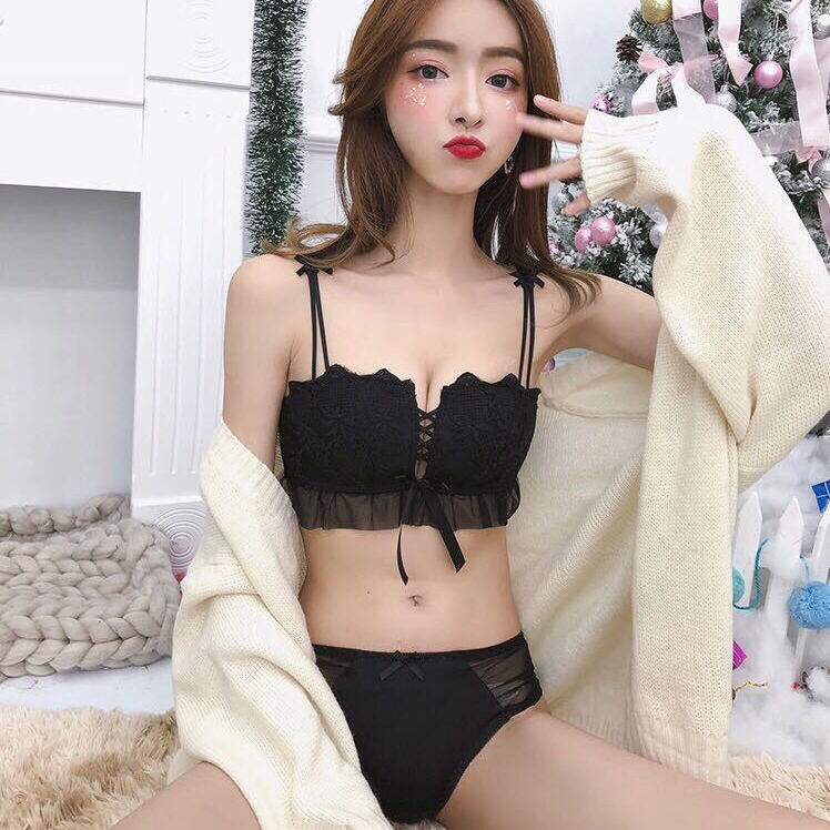 (Single-piece set) dây đai sexy thu thập phụ nữ áo ngực không có vòng thép ren lót ngực nhỏ hiển thị loại điều chỉnh lớn.