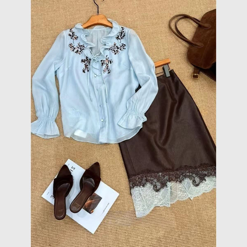 Early Autumn New French-Style Heavy Sequin Embroidery Ruffled V-Neck Long-Sleeve Shirt with Blue Tie Design Top