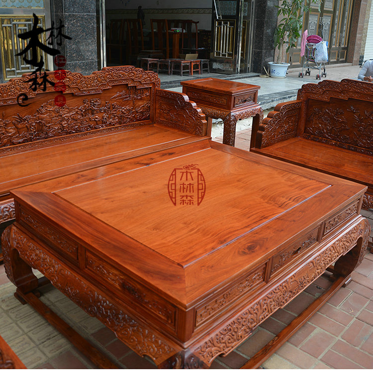 Ghế sofa gỗ gụ chính hãng gỗ sồi Miến Điện sofa gỗ hồng mộc lớn trái cây gỗ gụ sofa gỗ gụ 6 bộ - Bộ đồ nội thất kệ tivi