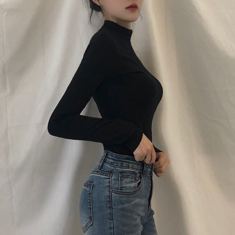 Black high collar undershirt female spring and autumn slim fit with long sleeves T-shirt new body blouse surge