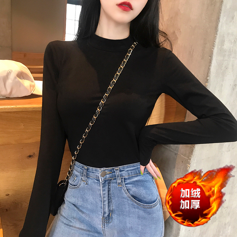 Black beating undershirt woman autumn winter plus suede with long sleeves T-shirt half high collar 100 hitch thickened jacket 2020 new