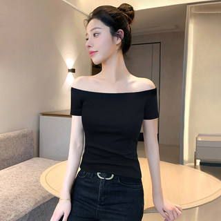 Black Off-Shoulder Short-Sleeve T-Shirt for Women 2026 New Summer Slim-Fit Pure Cotton French Collarbone Off-Shoulder Top