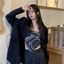 Cashew flower suspender womens retro fake two-piece triangle towel inside summer short black outside hot girl vest top