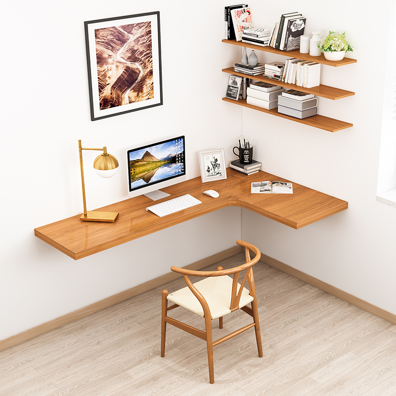 Solid Wood Floating Corner Desk L-Shaped Wall-Mounted Computer Desk Corner Narrow Desk Bookshelf