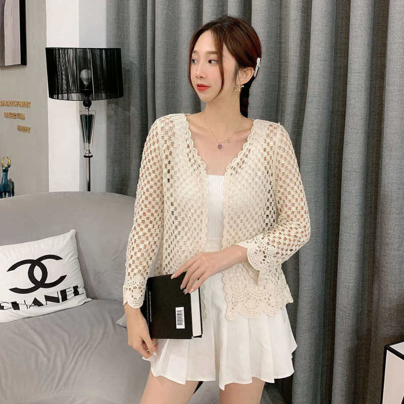 Outside Hitch Cardiovert Woman Thin summer hollowed-out white fit harness Two jacket blouses Korean version Loose Lace Shawl