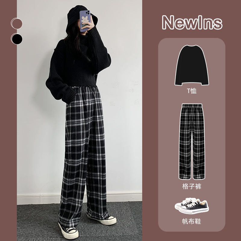 Black and white plaid pants women's loose straight thin section new casual mopping spring and autumn summer high waist drape wide leg pants
