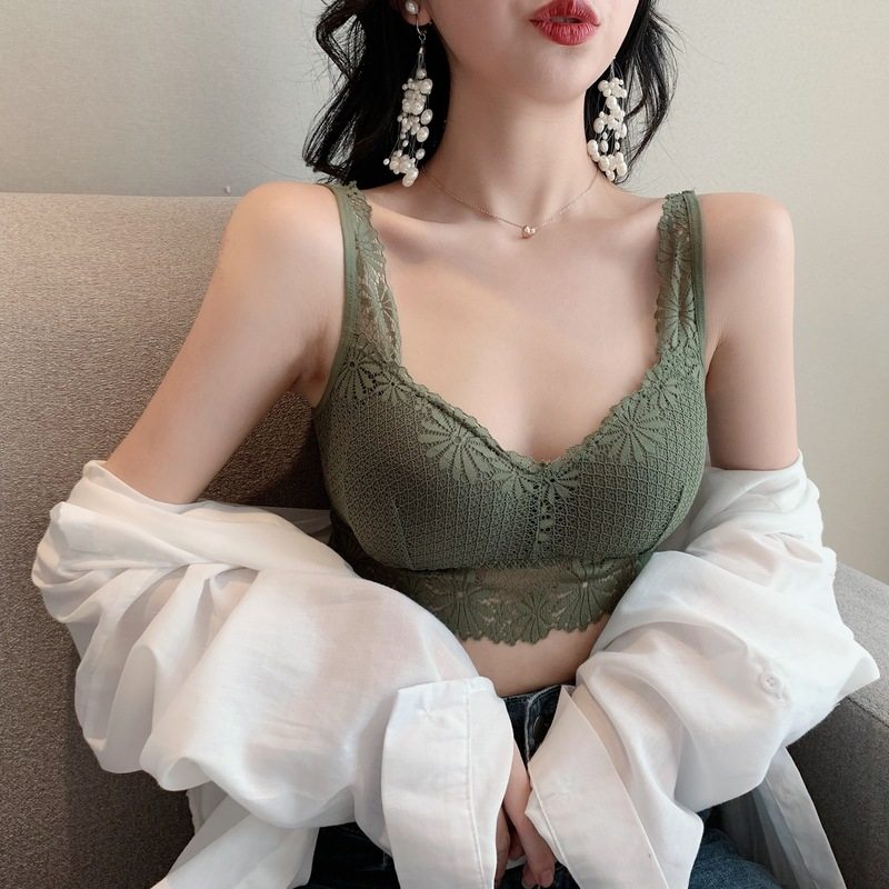 Sexy lace beautiful back camisole female bottoming without steel ring with chest pad one-piece bra gather underwear