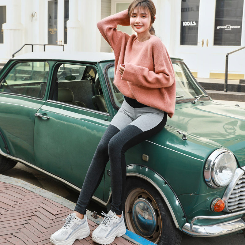 Put the pants in spring and autumn winter high waist nine thin black and thin tight gray plus velvet paste