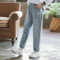 Korean Girls Jeans Spring Autumn 2022 New Korean Kids Loose Foreign Style Slacks Medium Big Childrens Long Pants Thin