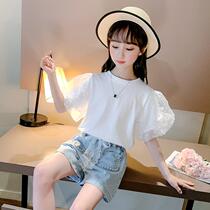 Korean girls short sleeve set summer 2021 new style Zhongda Tongyang bubble sleeve T-shirt pearl jeans