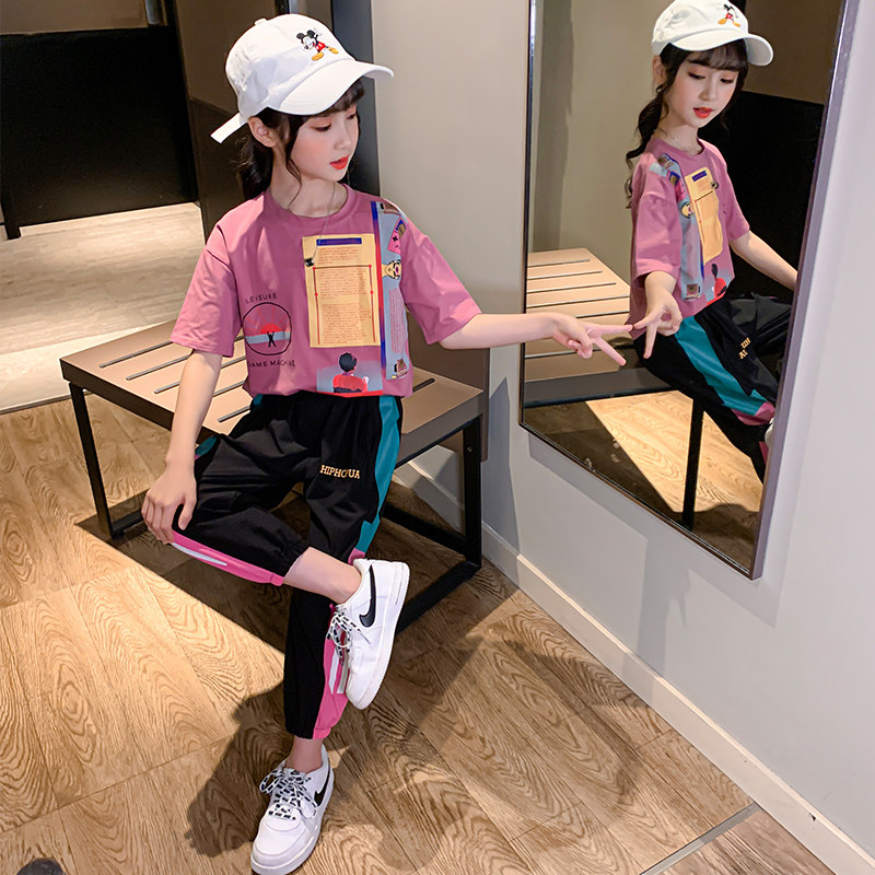 Korean girls' clothing fashion suit 2021 summer new middle and big children's cotton casual sports short-sleeved two-piece trendy