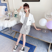 Korean girl slip dress summer 2021 new childrens short sleeve suit foreign style white dress two-piece childrens clothing