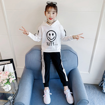 Korean girl hooded sweatshirt Fall Winter 2021 new childrens long-sleeved smiley face set in a big boy foreign two-piece