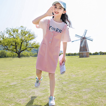 Korean girl bib skirt summer dress 2021 new big child foreign red girl denim skirt set