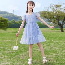 Korean girl summer princess dress 2022 new Internet celebrity foreign atmosphere in the big boy blue mesh A-line skirt
