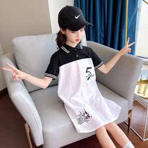 Korean girl mid-length shirt T-shirt skirt 2021 summer new style foreign childrens mid-size childrens short-sleeved straight skirt