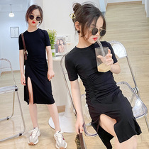 Korean girl black side split dress summer 2022 new Korean version of the fashionable high stretch thin slim skirt