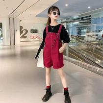 Korean girls red bib pants 2021 new summer Korean version loose plus size jeans in the big childrens five-point pants