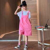 Korean girls internet celebrity sports set foreign style bib pants summer fashion brand thin 2022 new childrens two-piece