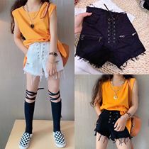 Korean girls lace-up denim shorts summer clothes 2021 new Korean version kids fashion girls versatile high-waisted hot pants