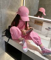 Korean girls pink bib pants 2022 new fried street childrens clothing girls summer foreign childrens leggings trend