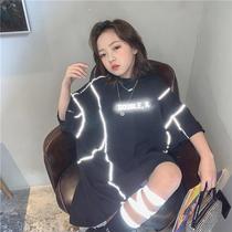 Korean girls short sleeve T-shirt summer 2021 new Korean version fashion mid-length childrens mid-length reflective strip top trend